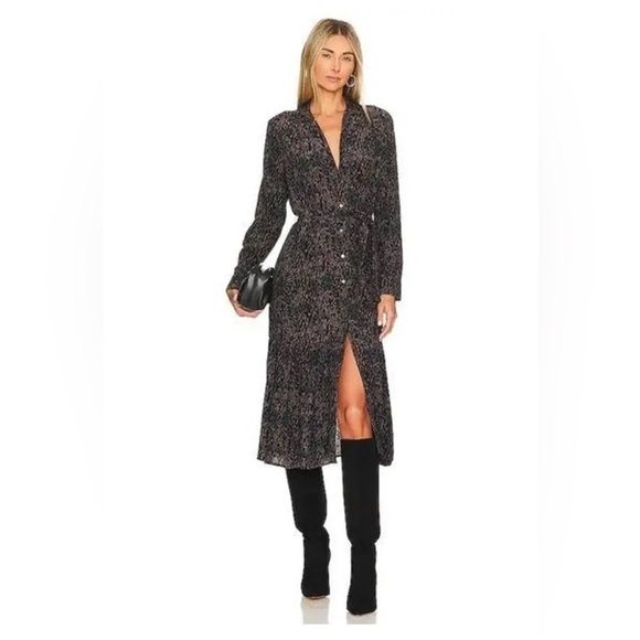 Rails Beatrice Midi Dress Charcoal Animal Print Tie Waist Long Sleeve NWOT XS - Picture 1 of 8